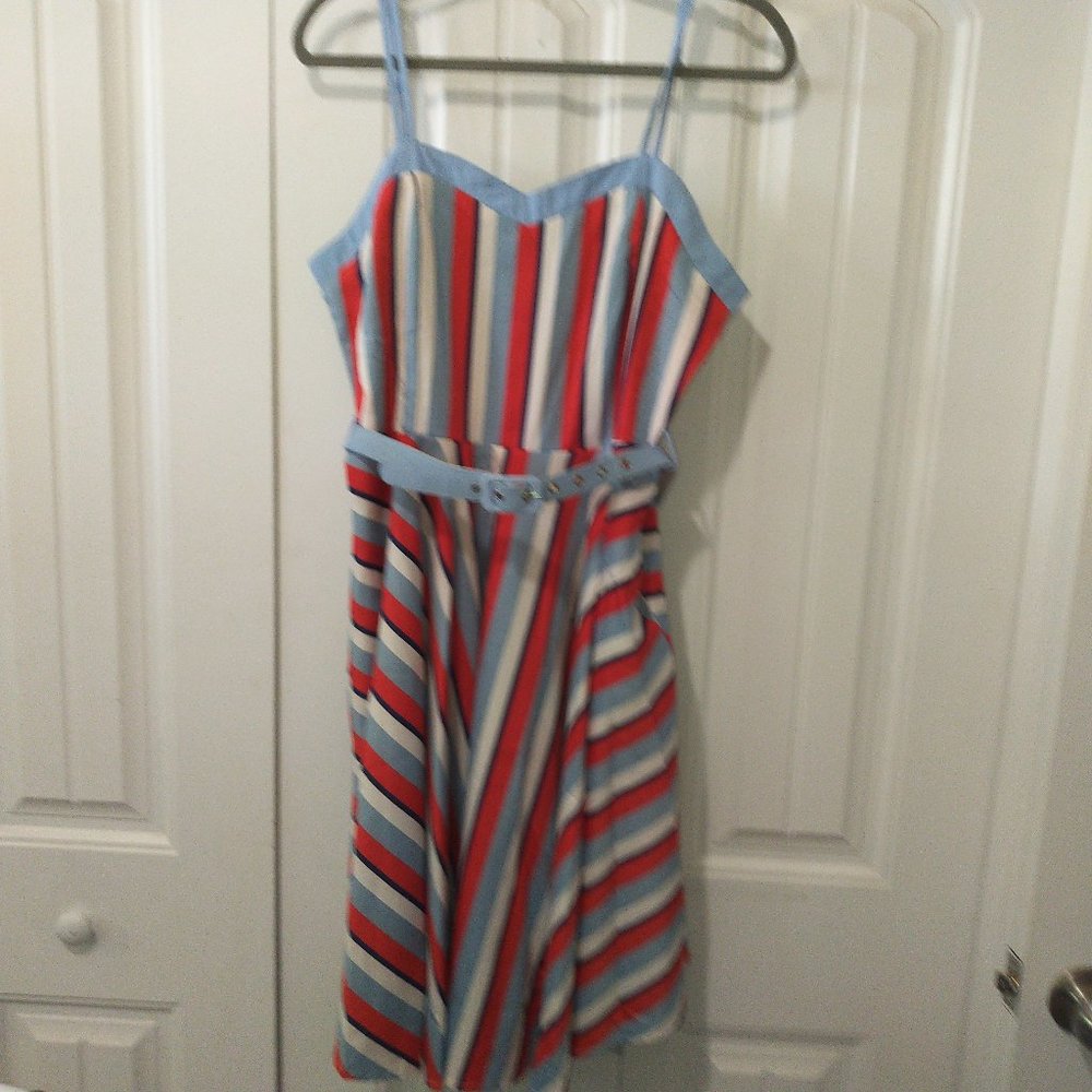 striped swing dress belted sweetheart neck pockets
